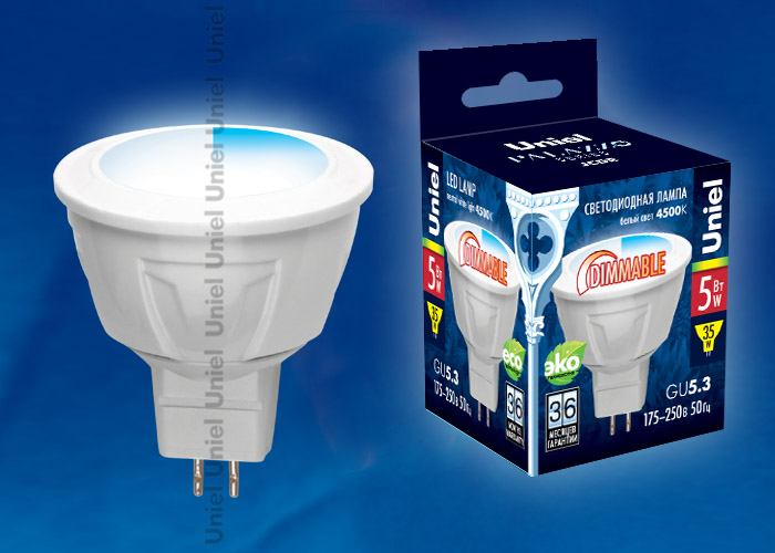 Лампа светодиодная LED-JCDR-5W/GU5.3/FR/DIM PLP01WH картон с гарантией 3 года