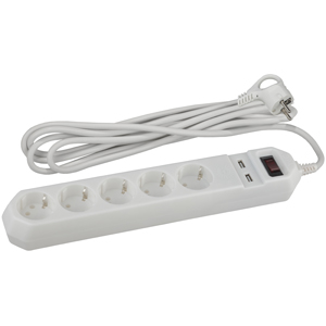 USF-5es-1.5m-USB-W Сетевой фильтр ЭРА (белый) с заземл, 3x0,75мм2, с выкл, 5гн+2USB, 1.5м - купить в Атырау