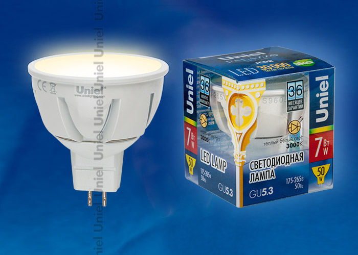 Лампа светодиодная LED-JCDR-7W/GU5.3/FR ALP01WH пластик с гарантией 3 года